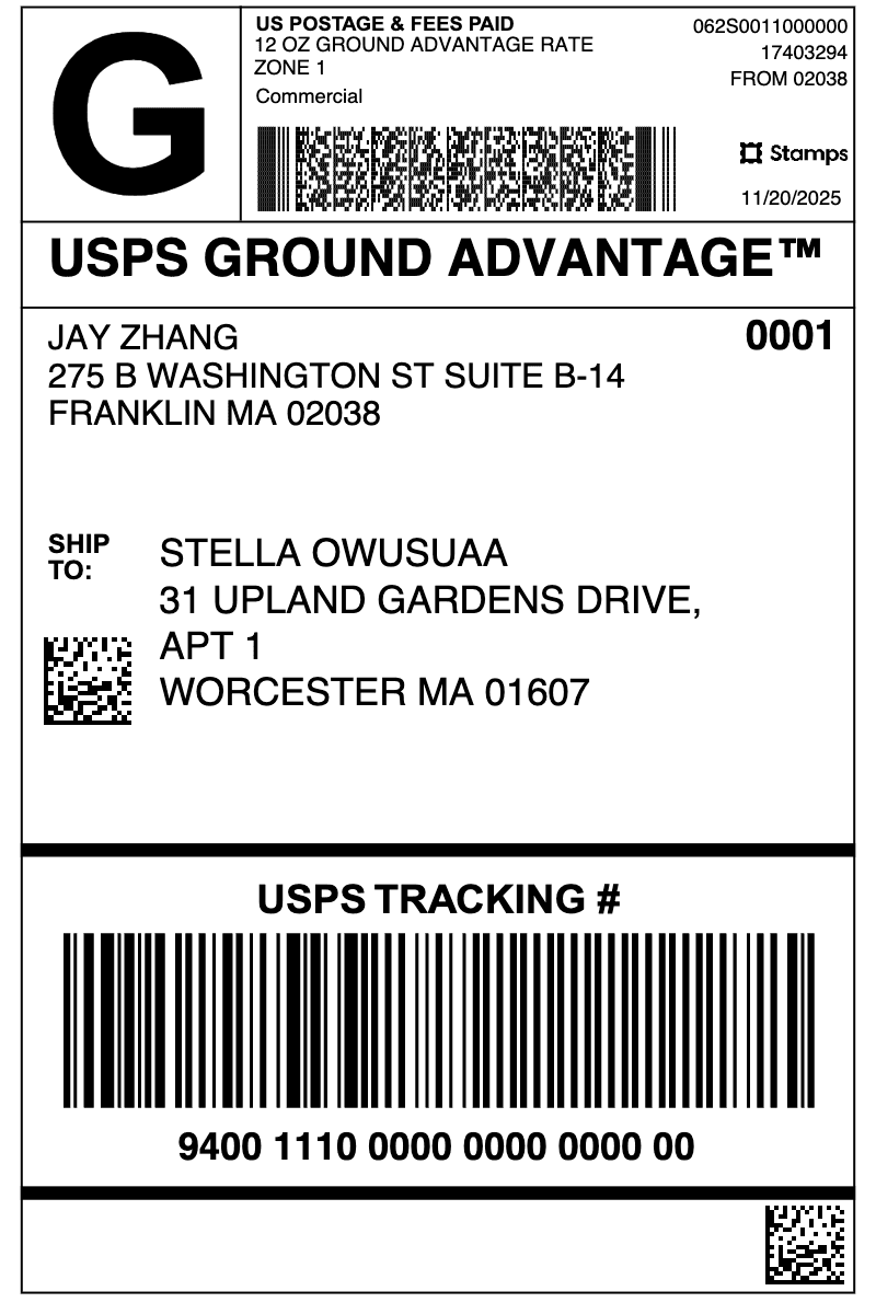 USPS Ground Advantage 示例面单,包含跟踪号条码和两个 Data Matrix 码
